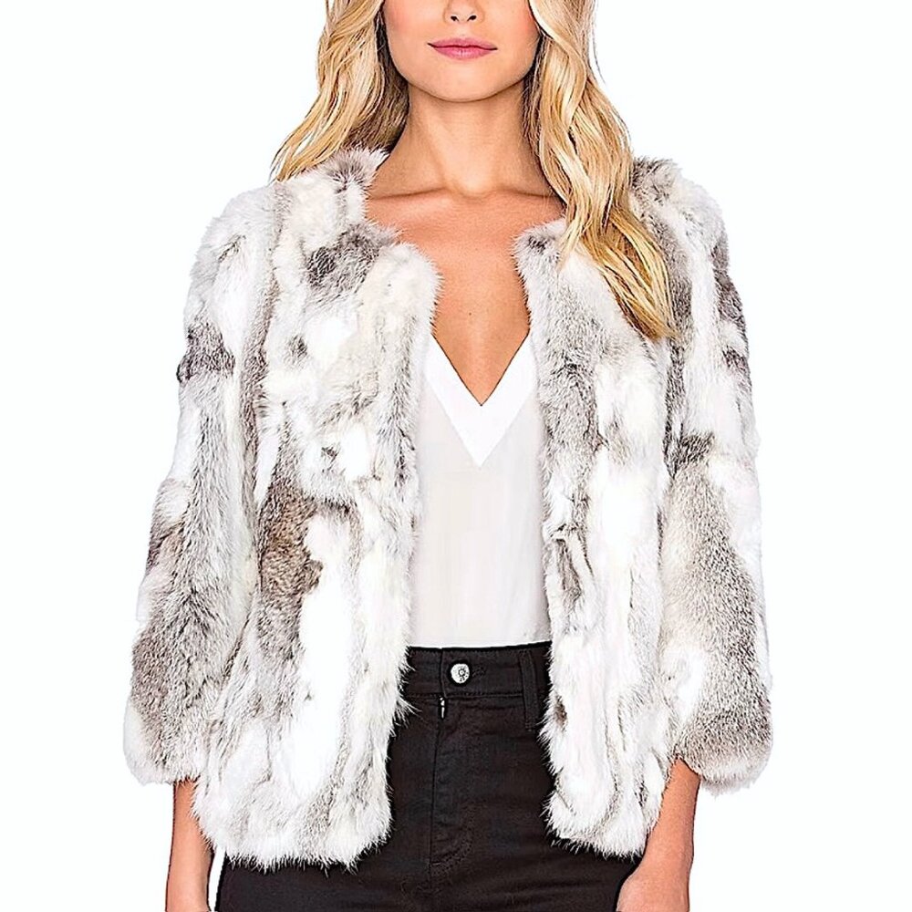 New Arielle Rabbit Fur Jacket in Multi-Grey Size Medium